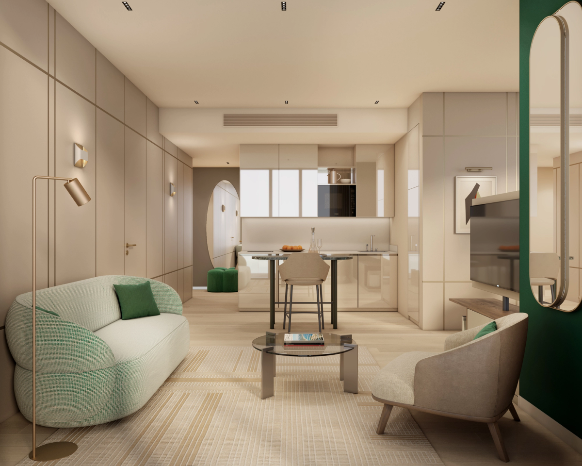 Batumissa avaimet käteen -studio 37-46 m² - moderni sisustus keittokomeroineen, olohuone makuuhuoneella, beige-vihreä värimaailma, hinnat alkaen 35 000 USD, ihanteellinen vuokraukseen