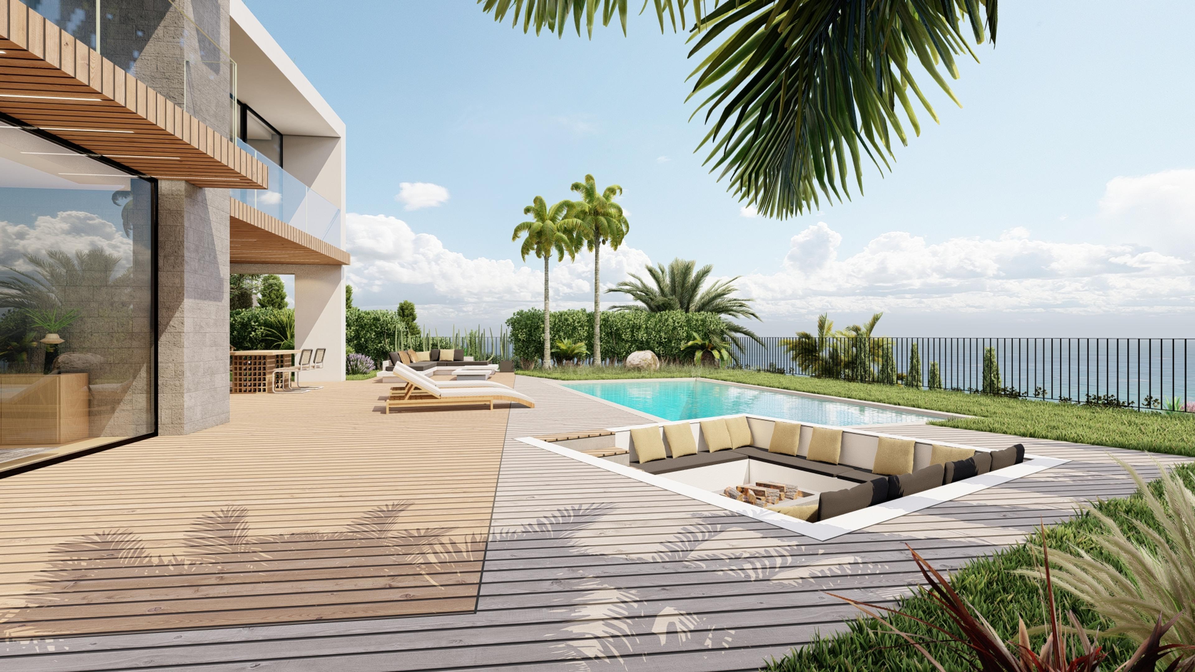 Luksusvilla på Madeira med privat basseng, moderne terrasse og panoramautsikt over havet. Eksklusiv eiendom til salgs – ideell investering i premium eiendomsmarkedet eller som helårsbolig. Romslig hage, elegant oppholdsrom og høyeste standard på finish.
