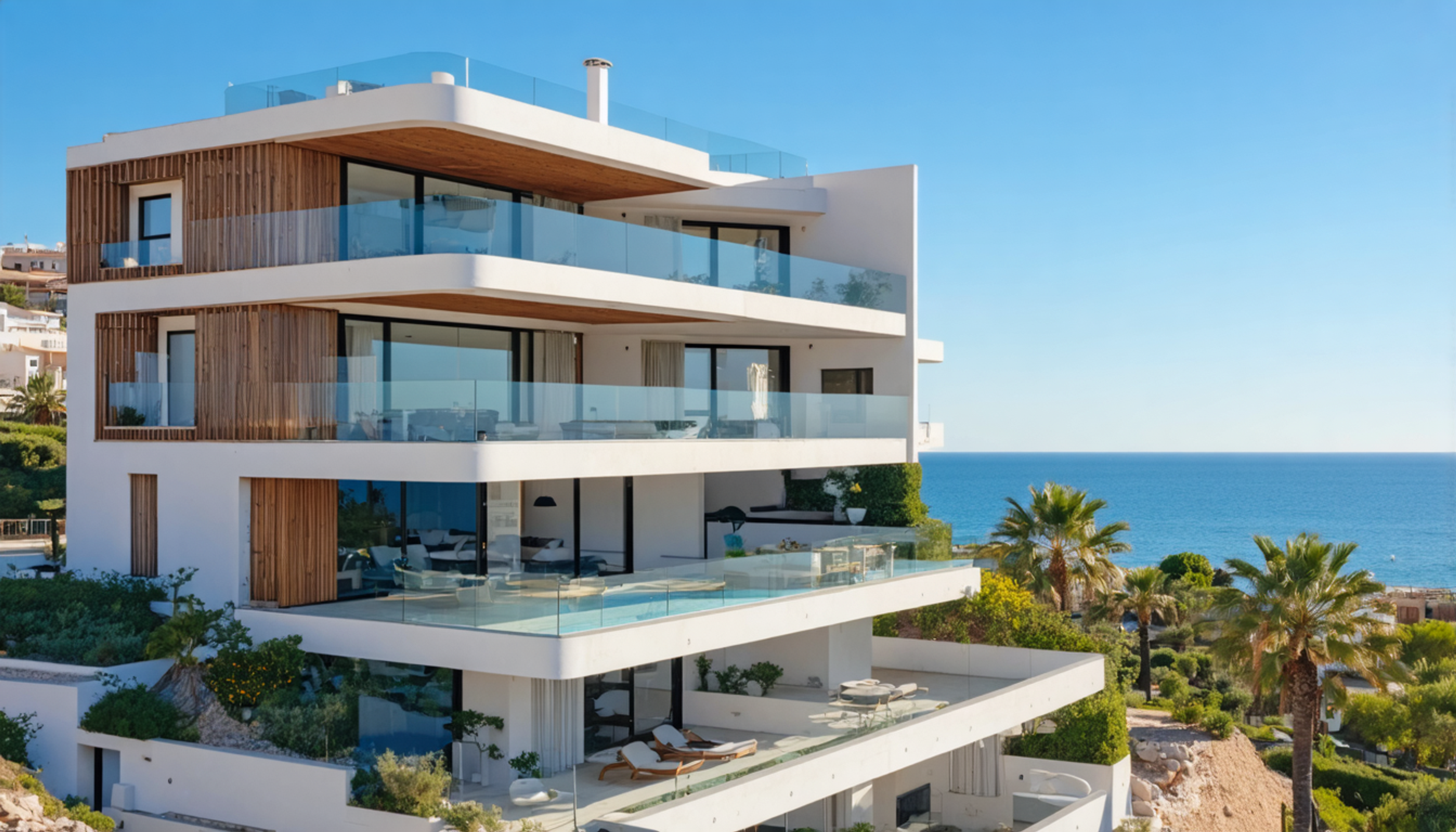 Luxury apartment complex by the sea in Europe with modern design. Spacious terraces with glass railings, panoramic ocean views, minimalist architecture, and high-quality finishes. An ideal investment property for premium buyers, developers, and those seeking exclusive residences in a prestigious location.