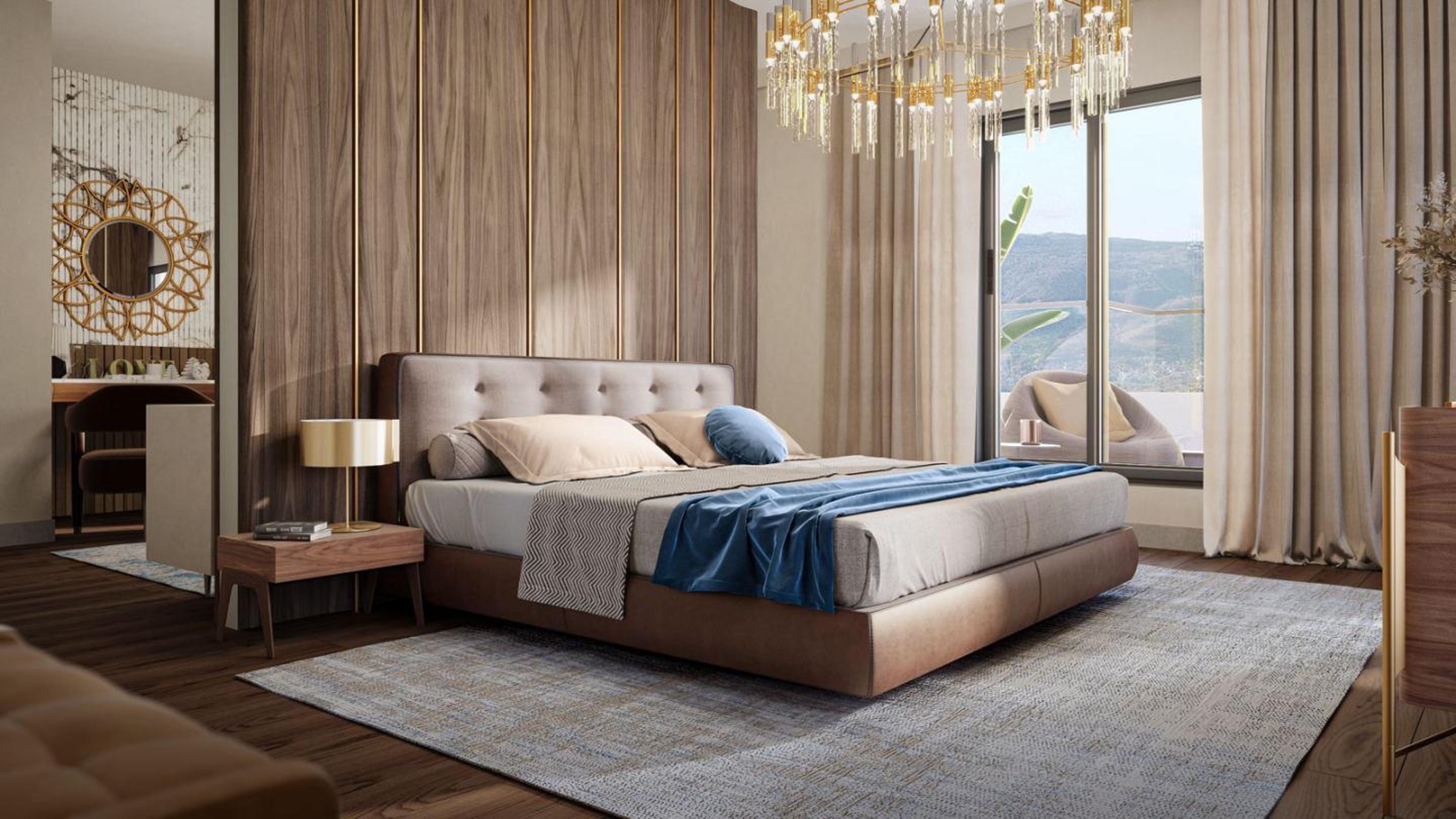 Luxury bedroom in a new apartment in Sofia with a panoramic mountain view – premium real estate Bulgaria.