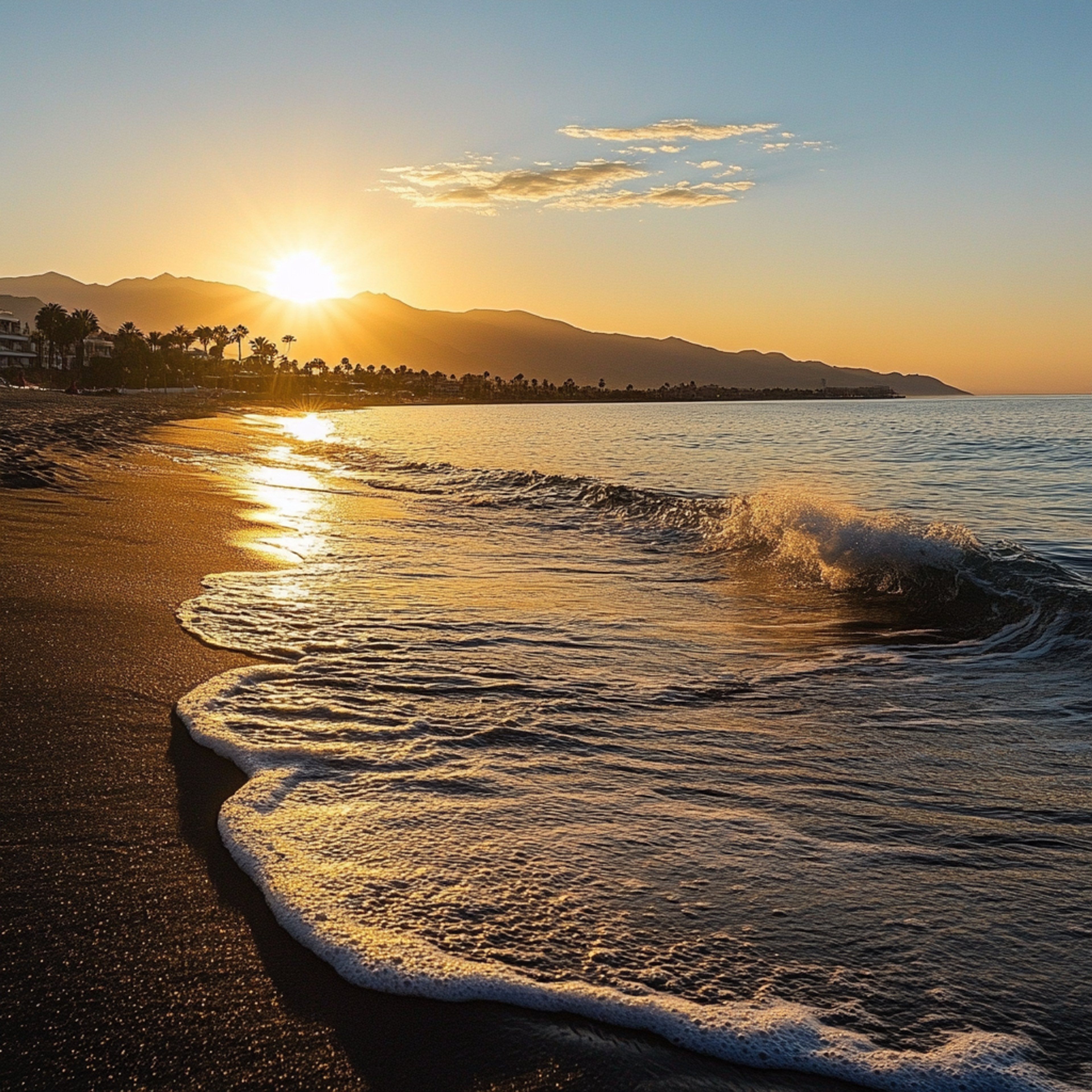 Solnedgång på stranden i Marbella, Costa del Sol, med utsikt över vågor och berg. Varmt klimat, gyllene sandstränder och pittoreska landskap gör denna plats idealisk för avkoppling och investeringar i fastigheter i Spanien.