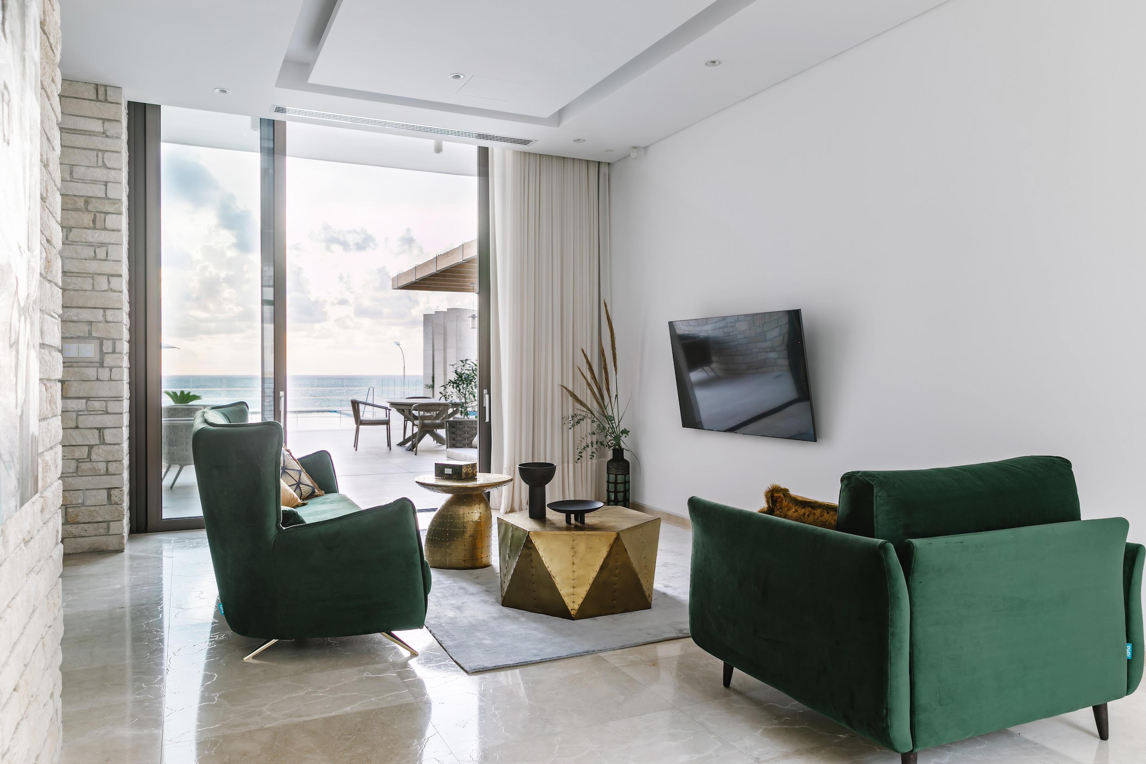 Modern living room with sea view – luxury apartments for sale Cyprus 2025