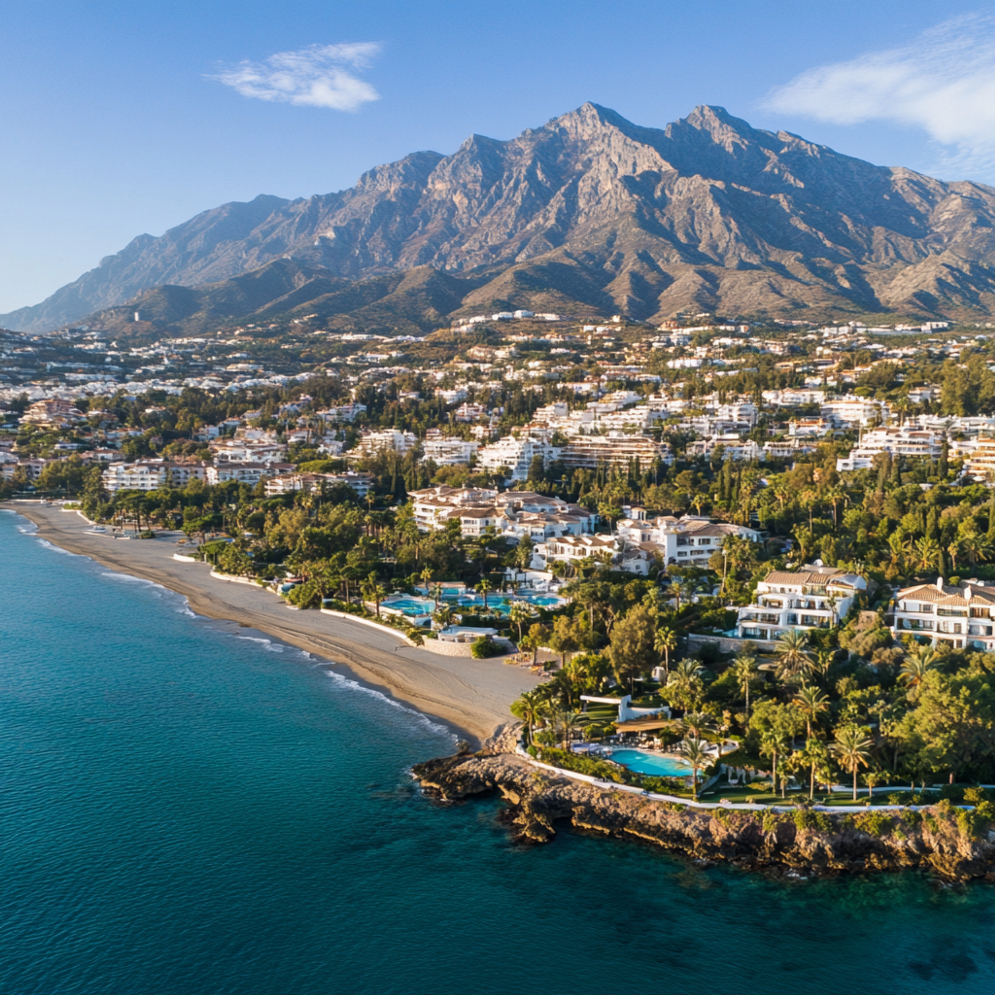 Lyxfastigheter i Marbella, Spanien – utsikt över det prestigefyllda området Golden Mile med exklusiva strandvillor och en imponerande vy över La Concha-bergen. Investering i premiumfastigheter på Costa del Sol.