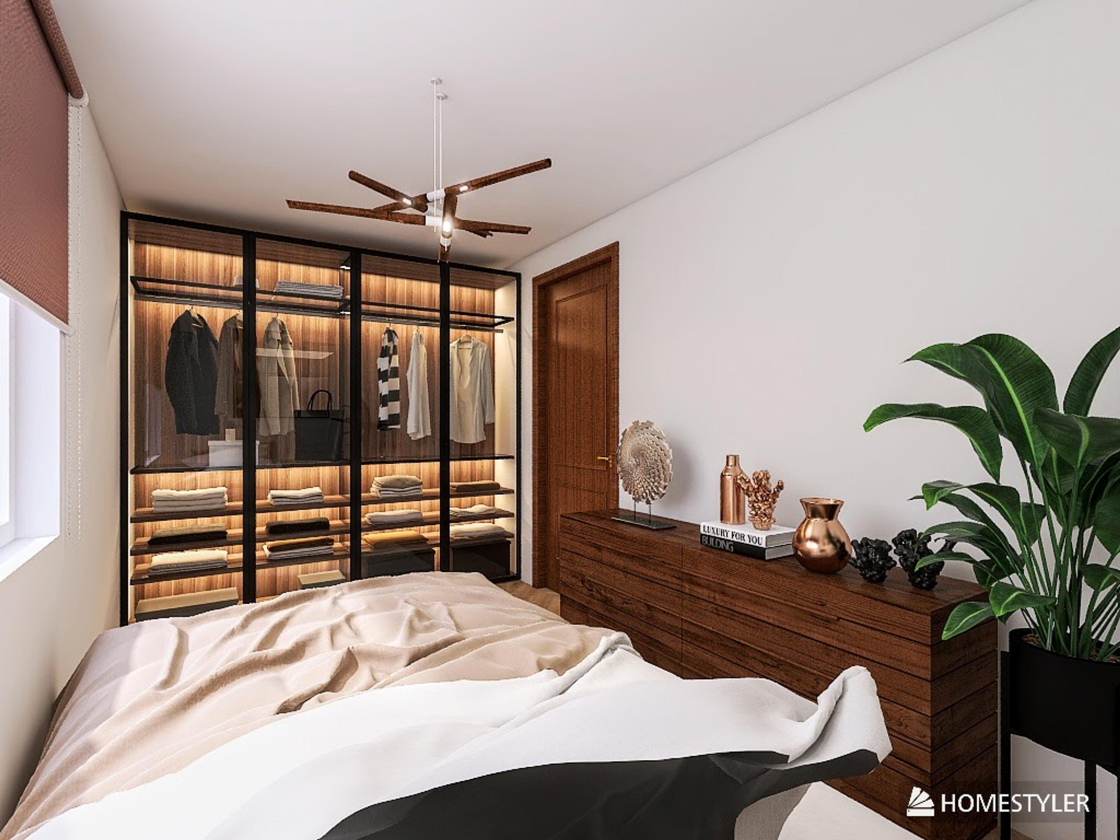 Chambre moderne avec dressing vitré – meubles en bois élégants, étagères lumineuses pour vêtements et accessoires décoratifs stylés. Linge de lit clair, grand miroir et plantes en pot créent un intérieur confortable et luxueux.