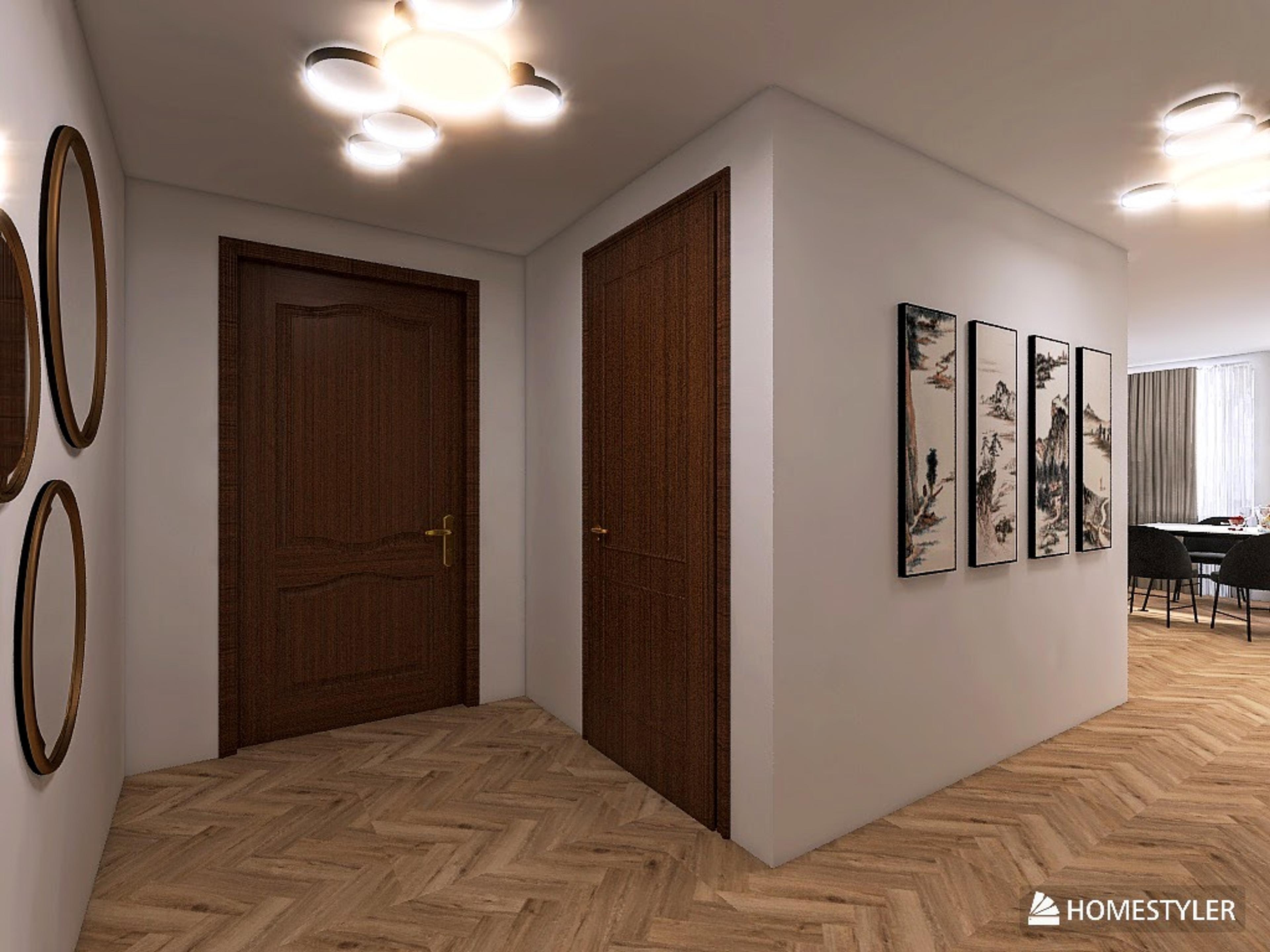 Couloir élégant dans un appartement moderne – portes en bois, murs clairs et sol en chevron créent un intérieur stylé. Éclairage de designer et miroirs décoratifs ajoutent de la spaciosité. Vue sur le salon avec salle à manger.