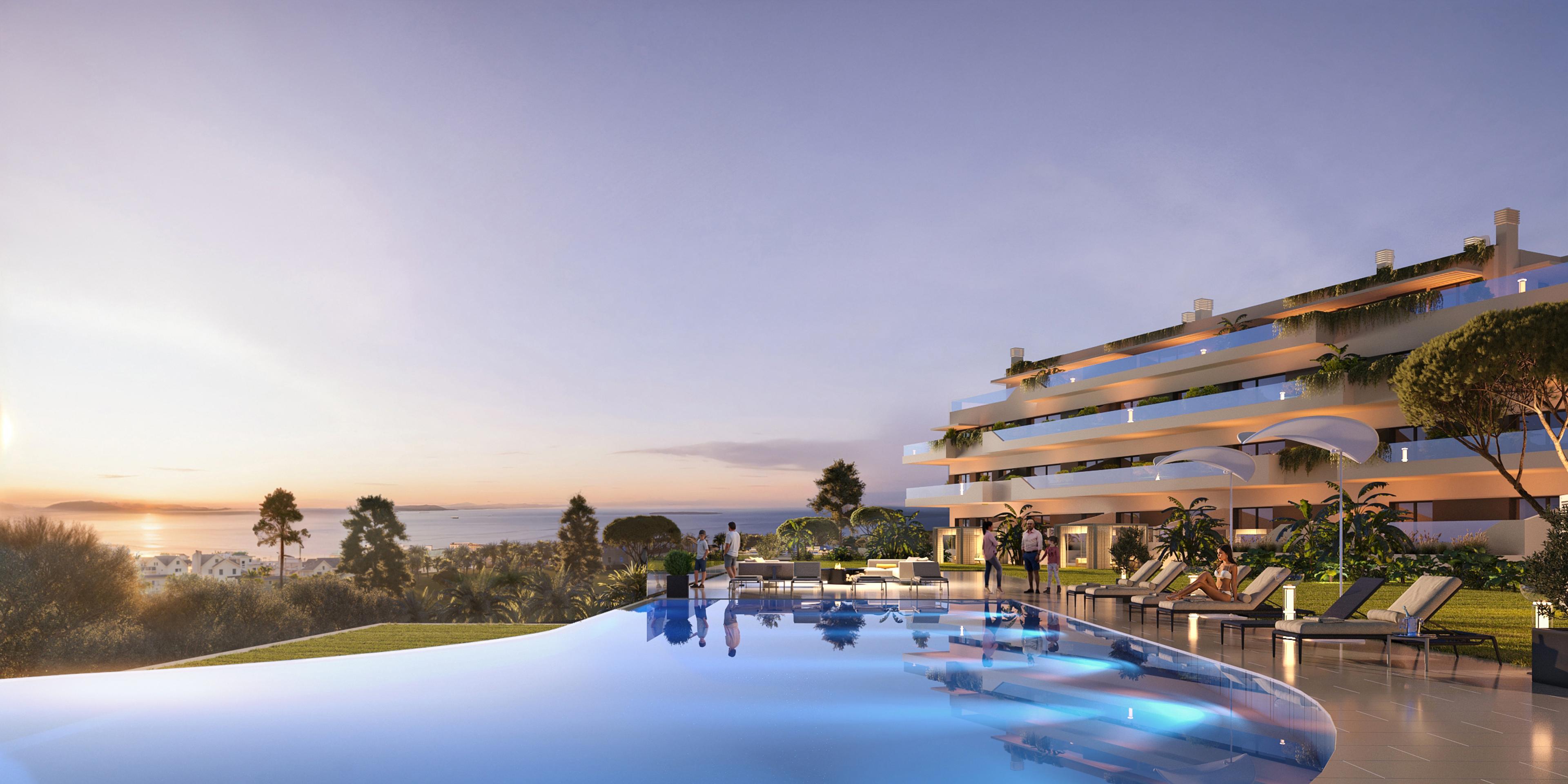 Lyxigt bostadskomplex i Marbella, Costa del Sol, med modern design, infinitypool och panoramautsikt över havet. Exklusiva premiumfastigheter till salu i Spanien, perfekta för investering och boende i en prestigefylld läge.