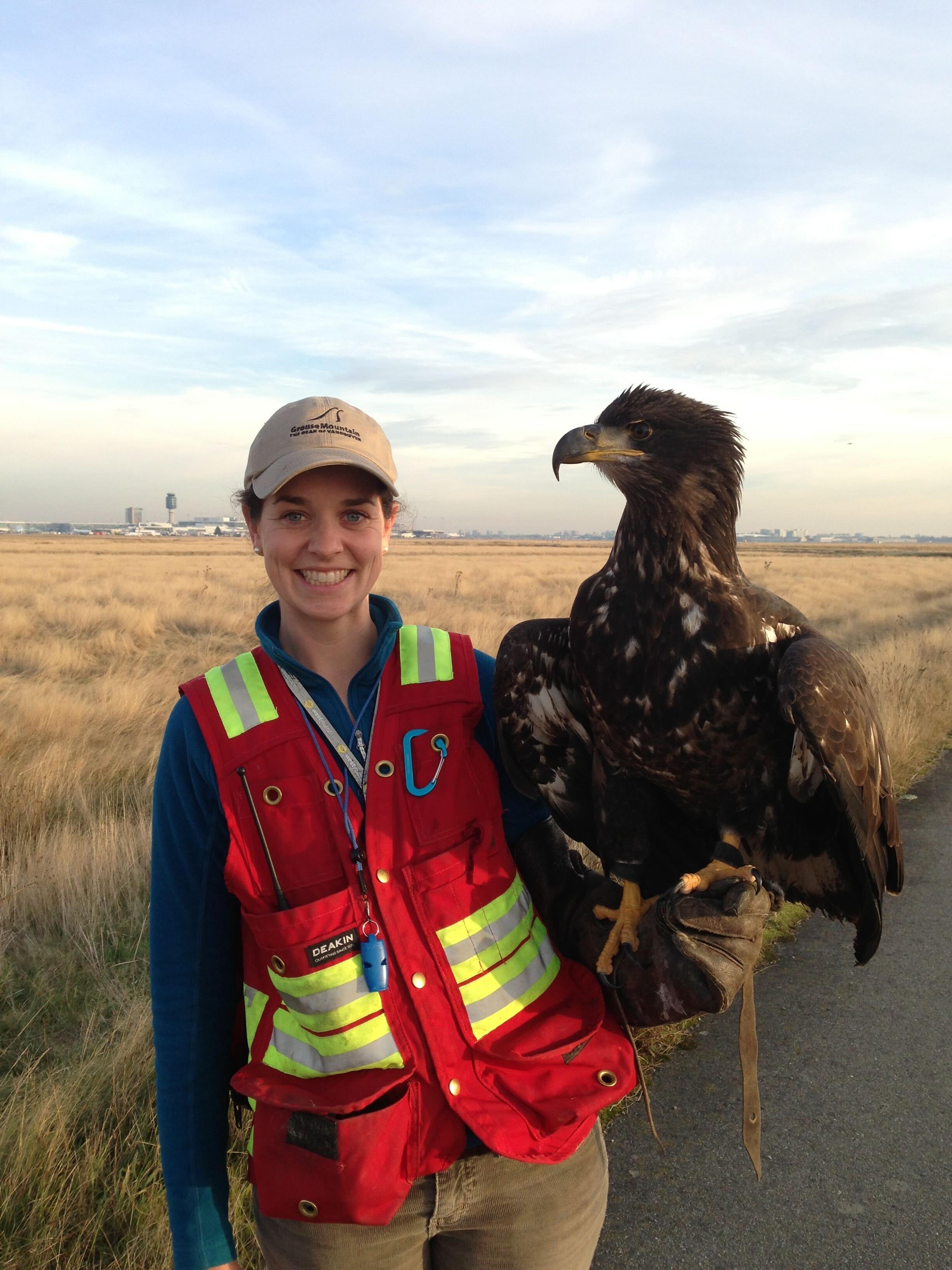 Raptors employee stands on an airfield with an eagle on her glove