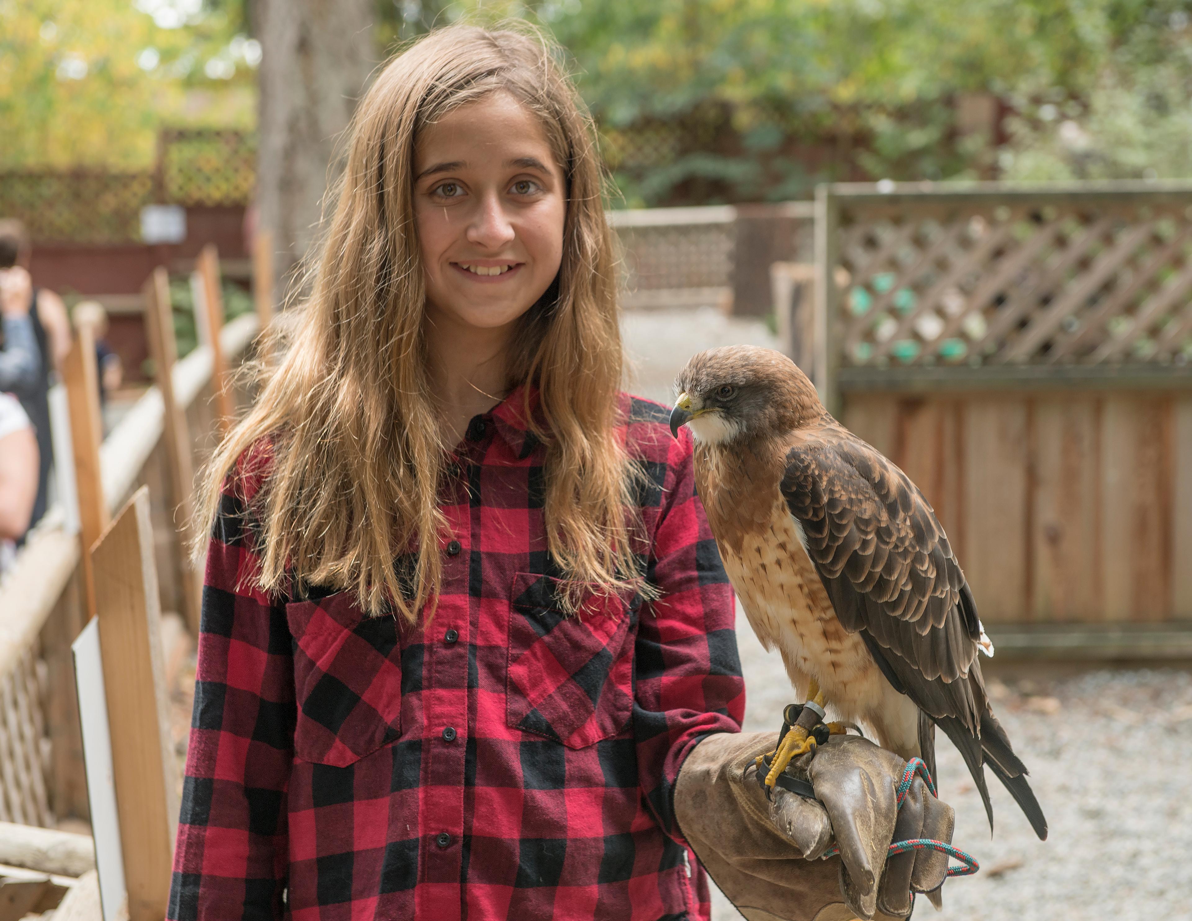 Girl in the woods with a hawk