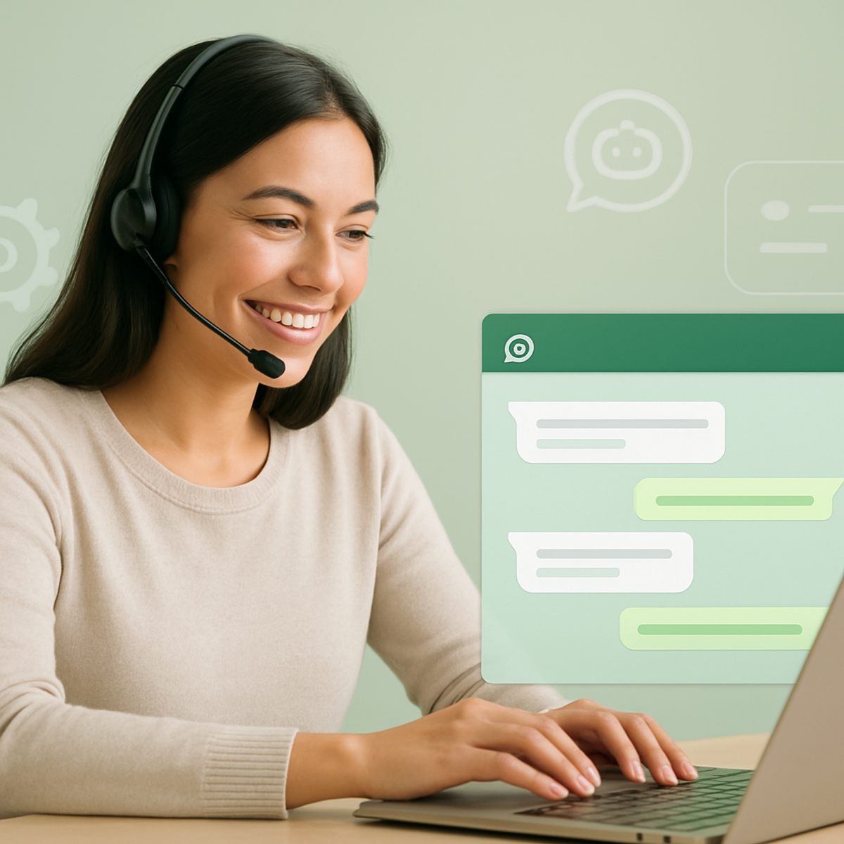 Profissional de atendimento conversando com cliente pelo WhatsApp com suporte de IA e automação.