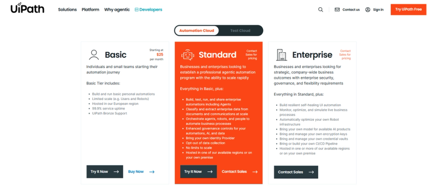 UiPath pricing plans - Basic, Standard, and Enterprise