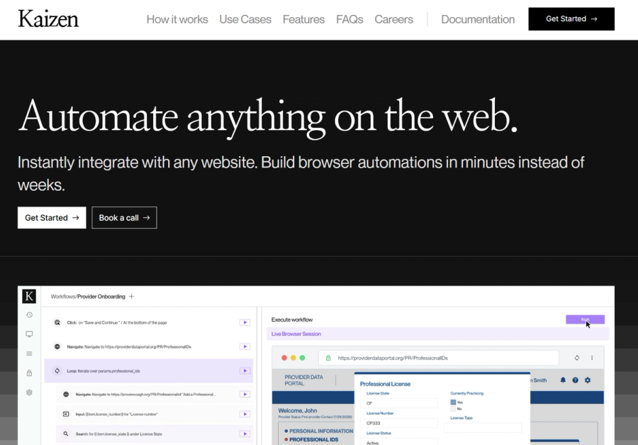 Kaizen homepage - Automate anything on the web