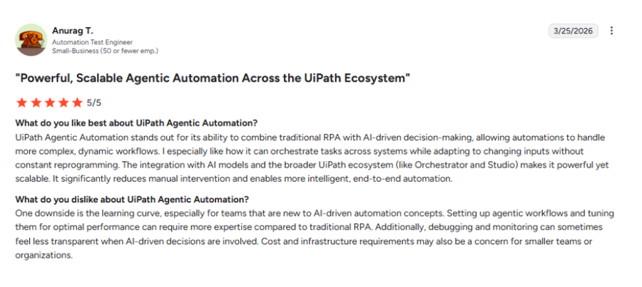 G2 review by Anurag T. - Powerful, Scalable Agentic Automation Across the UiPath Ecosystem