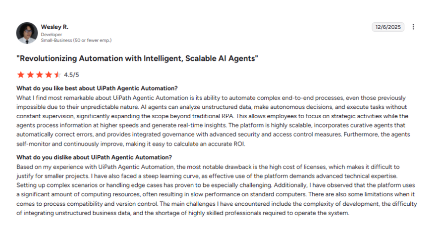 G2 review by Wesley R. - Revolutionizing Automation with Intelligent, Scalable AI Agents