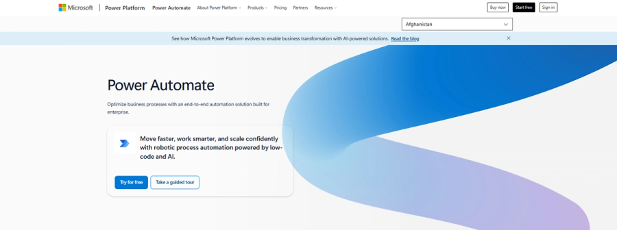 Microsoft Power Automate homepage
