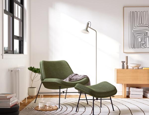 Green chair and ottoman in a living room