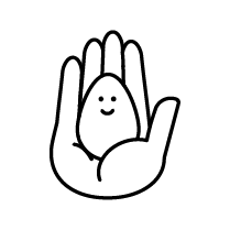 Black and white illustration of a hand holding a smiling egg.