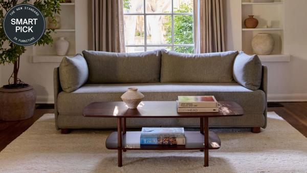 Smart Pick: Shift sleeper sofa in crushed gravel set in a styled living room