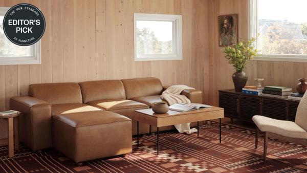 Editor's Pick: Mambo chaise sectional in camel leather in a living room