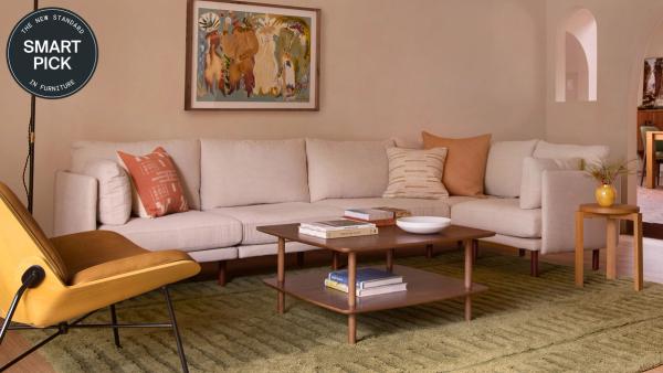 Smart Pick: Field 5 seat sectional in a living room styled with rust color pillows