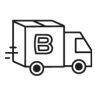 Black and white illustration of a delivery truck with a B for Burrow on the side.