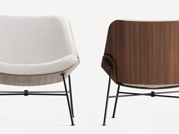 front and back view of fabric and wood chair