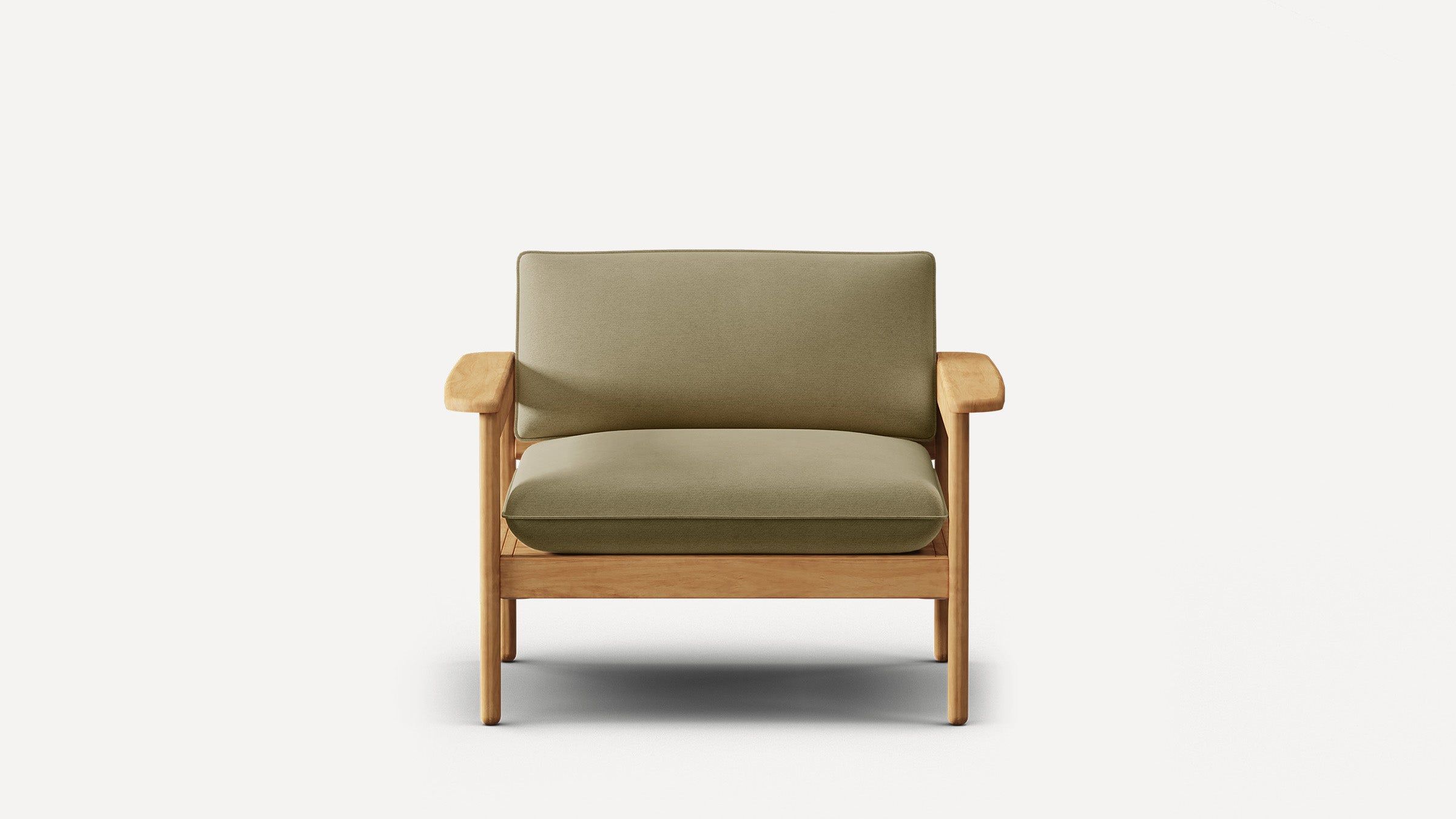 Front view of a wooden armchair with olive green cushioned seat and backrest on a white background.