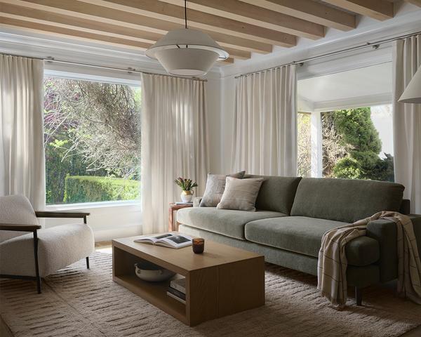 Ember Pro Sage with Cassette Coffee Table Oak and Palmer Chair Champagne