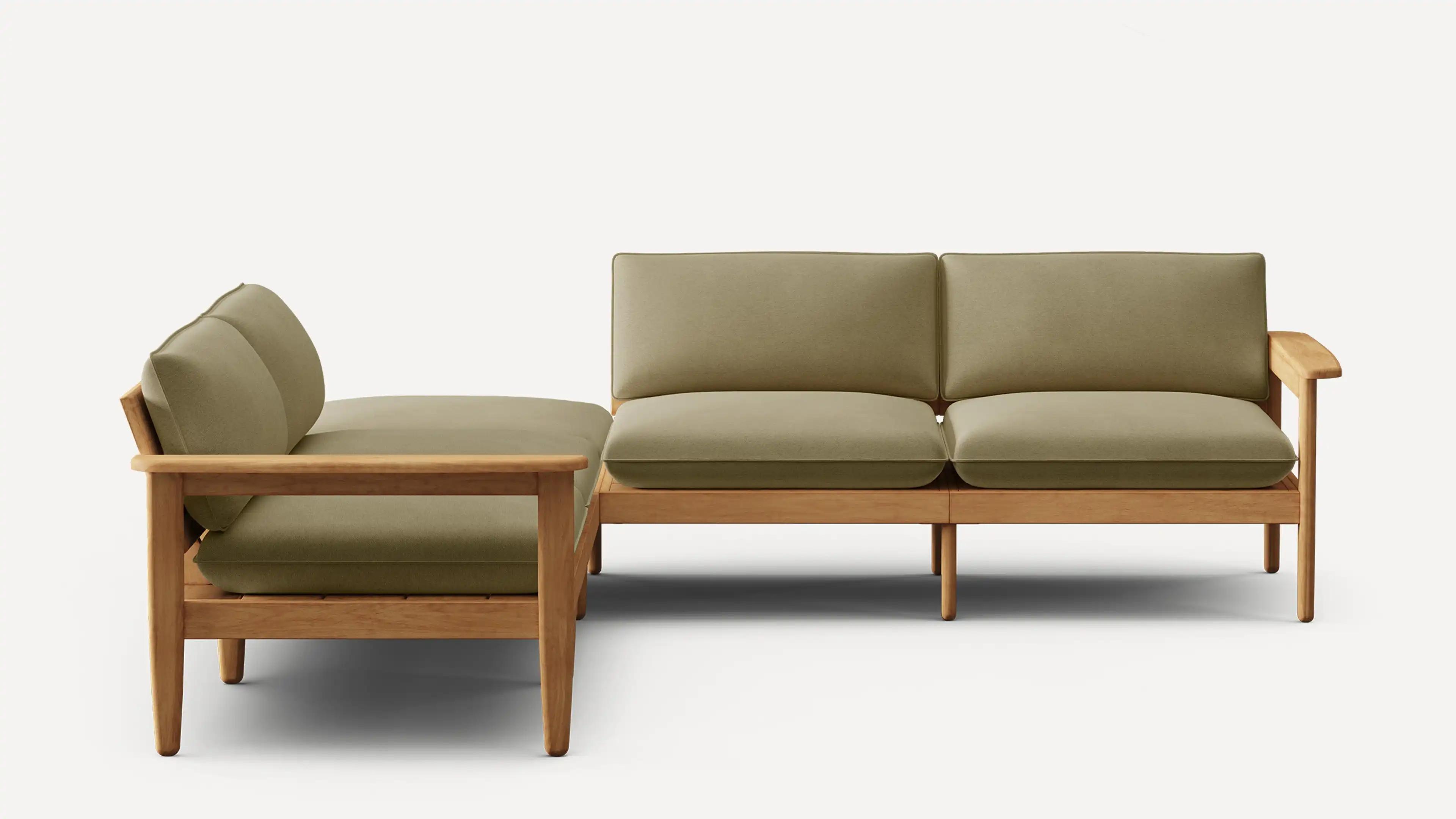 Front view of a wooden sectional with olive green cushioned seat and backrest on a white background.