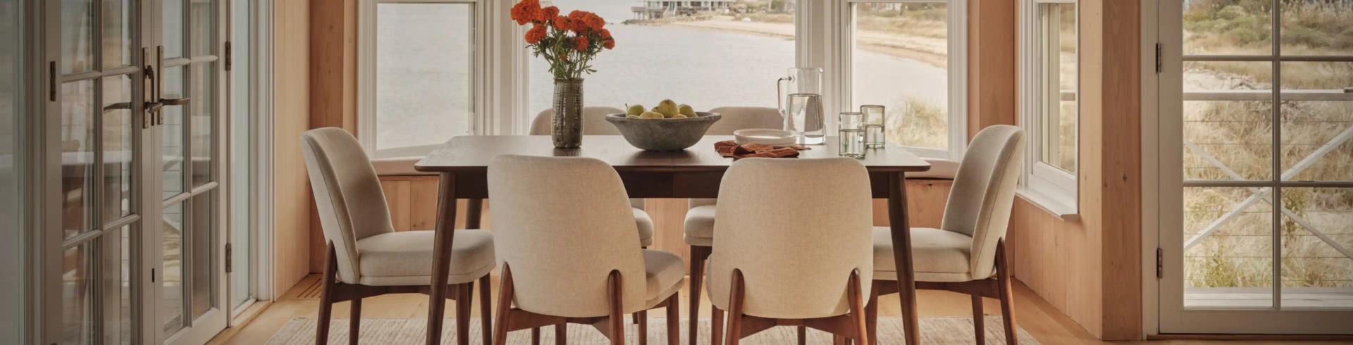 A dining table with six chairs is set near large windows overlooking a body of water, with a vase of flowers and a bowl of fruit on the table.