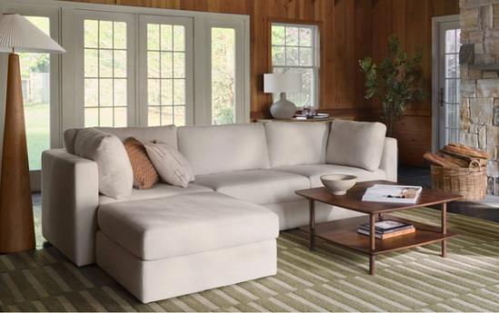 living room with Union sofa with ottoman in crushed gravel