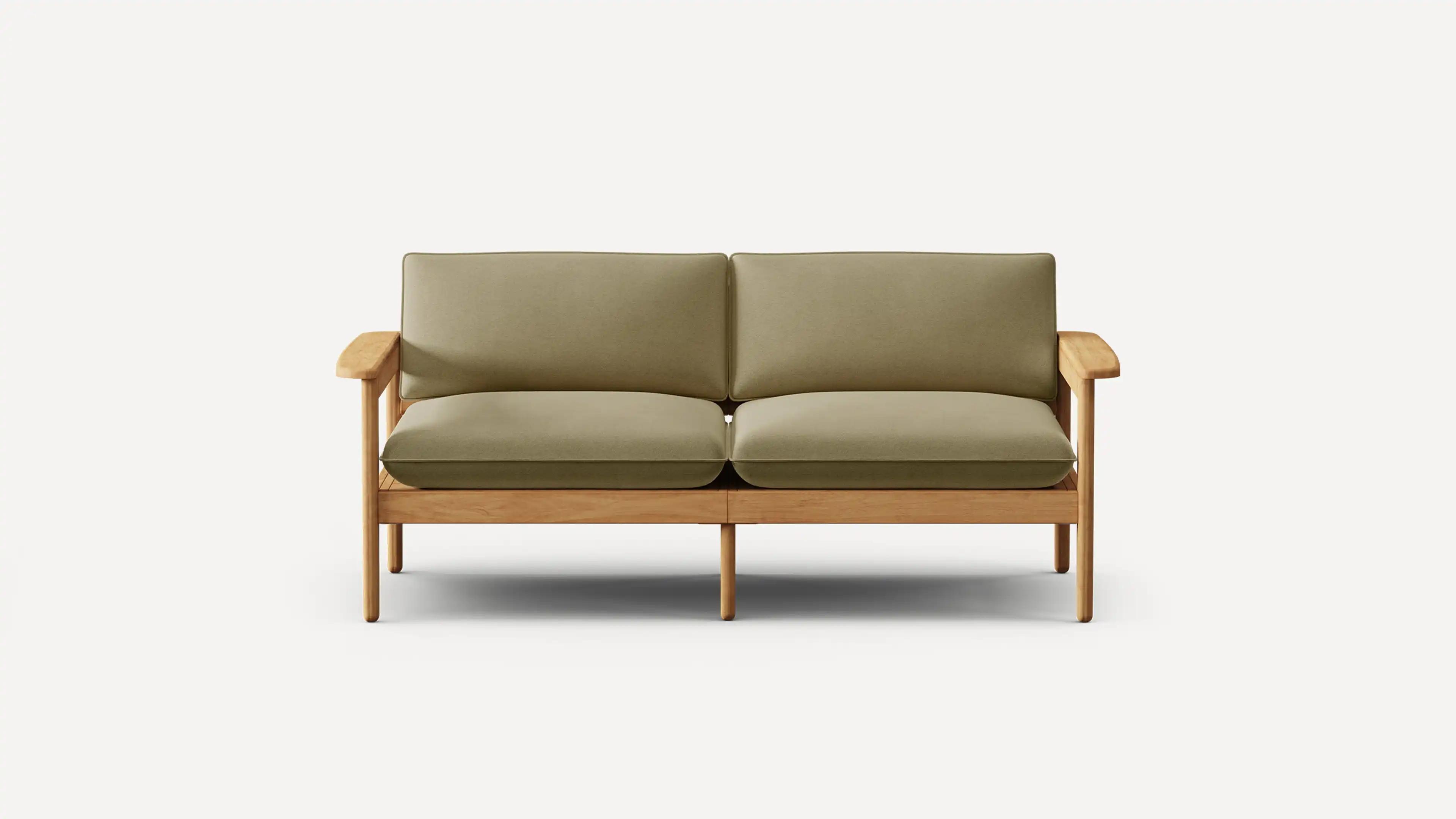 Front view of a wooden loveseat with olive green cushioned seat and backrest on a white background.