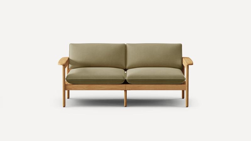 Front view of a wooden loveseat with olive green cushioned seat and backrest on a white background.