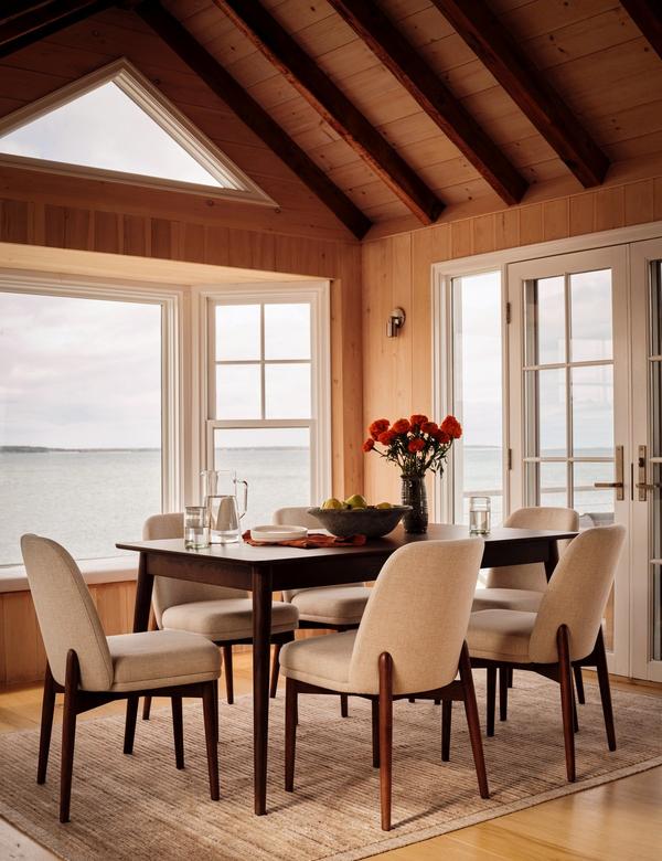 Serif dining table in walnut with upholstered dining chairs