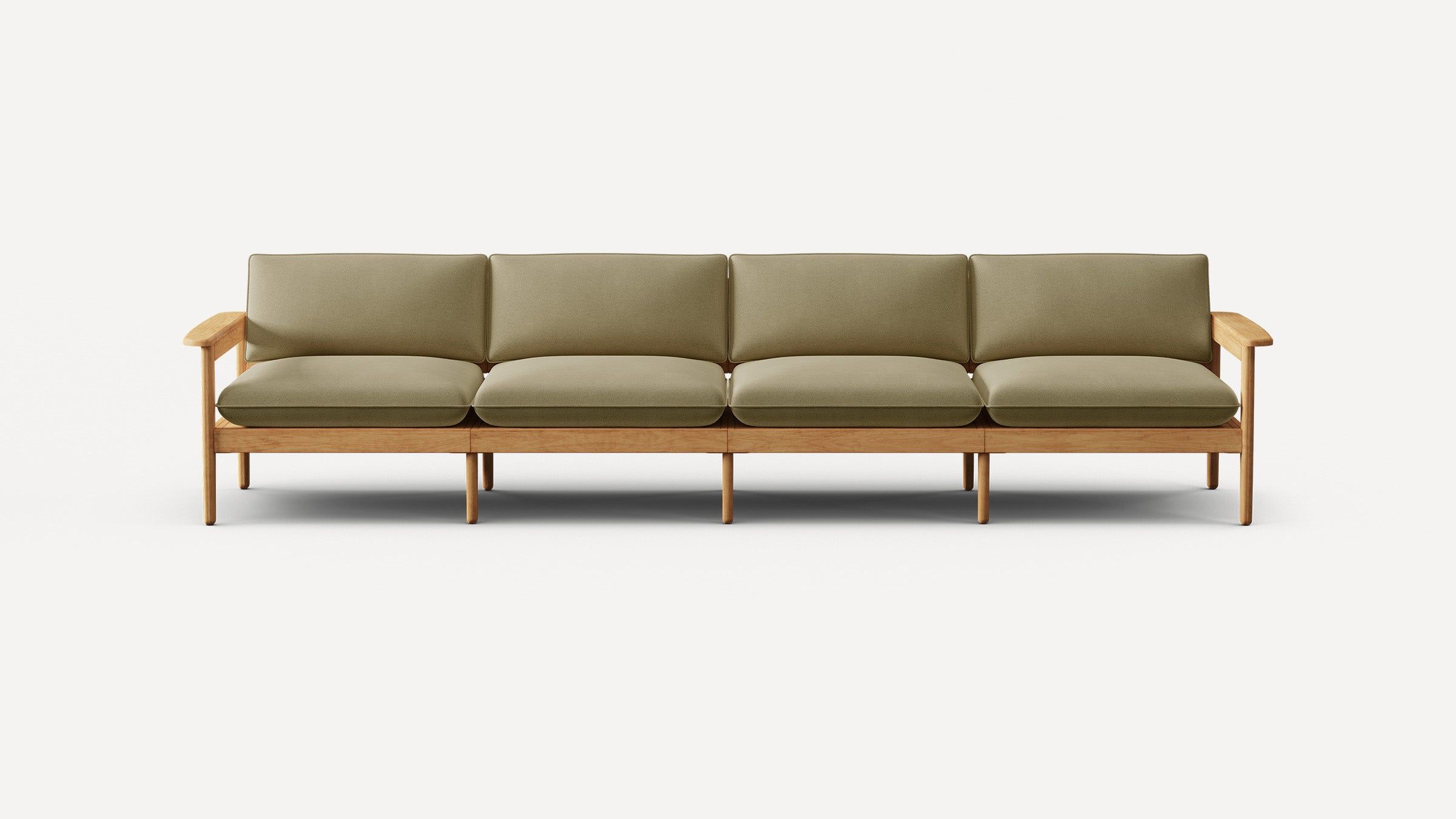 Front view of a wooden sofa with olive green cushioned seat and backrest on a white background.