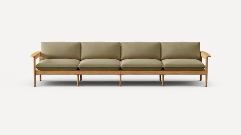 Front view of a wooden sofa with olive green cushioned seat and backrest on a white background.
