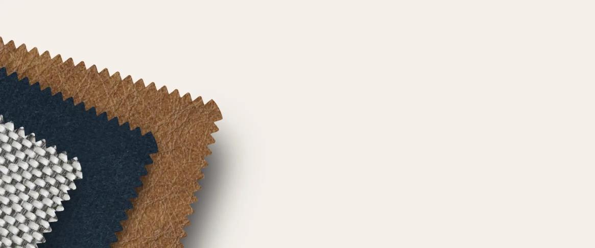 Hero Image Fabric swatches in various textures and colors including navy, tan, white, olive green, and gray displayed on white background