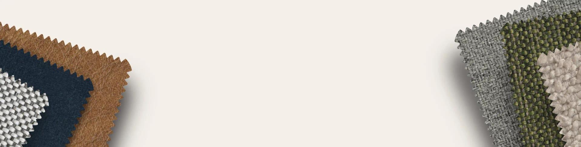 Hero Image Fabric swatches in various textures and colors including navy, tan, white, olive green, and gray displayed on white background