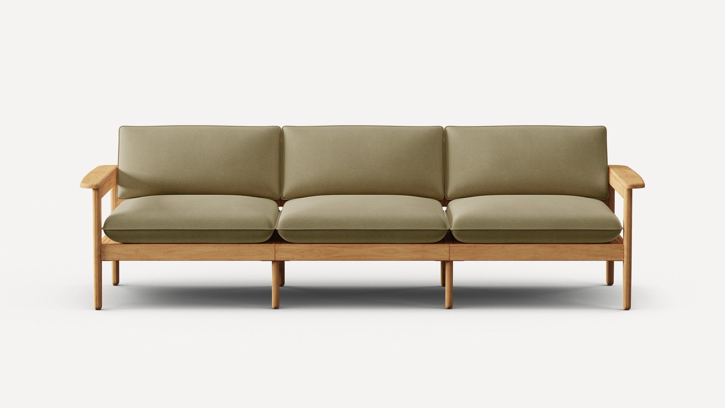 Front view of a wooden sofa with olive green cushioned seat and backrest on a white background.