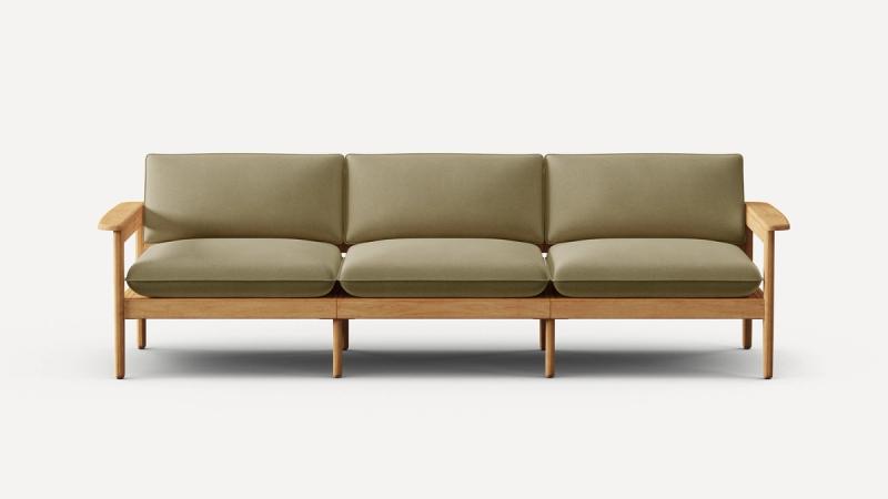 Front view of a wooden sofa with olive green cushioned seat and backrest on a white background.