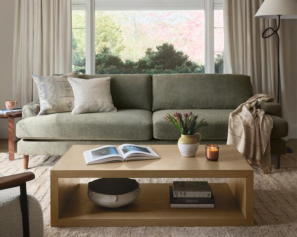 Ember Pro 2-Piece Sofa Sage with Cassette Coffee Table Oak in a living space