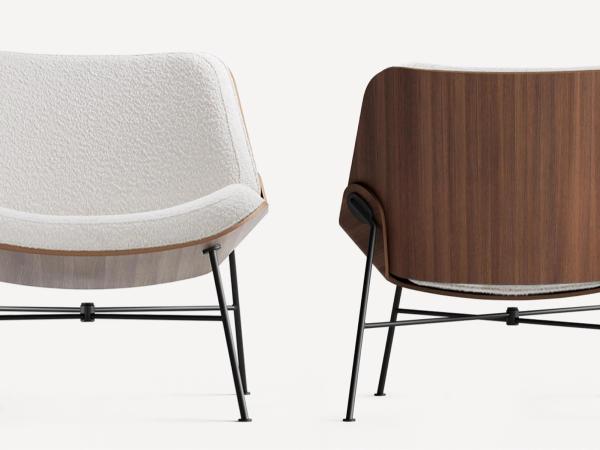 front and back view of fabric and wood chair