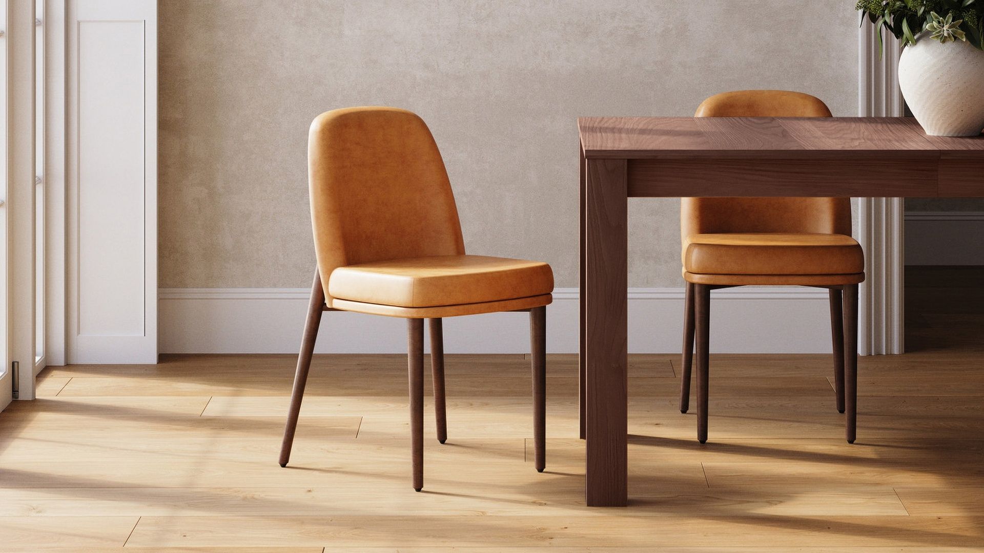Alto dining chairs in Camel Leather/Walnut finish