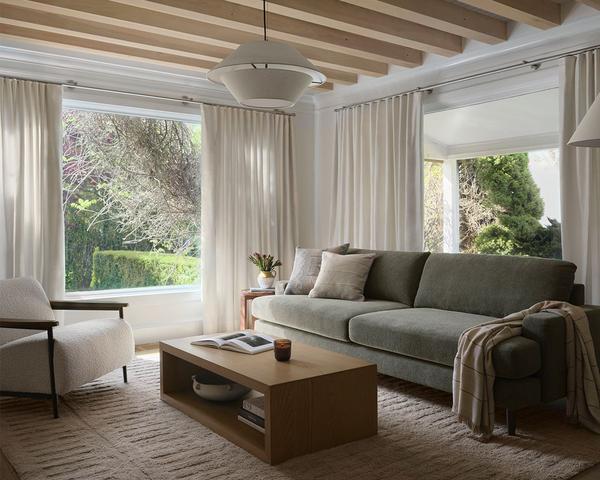 Ember Pro Sage with Cassette Coffee Table Oak and Palmer Chair Champagne
