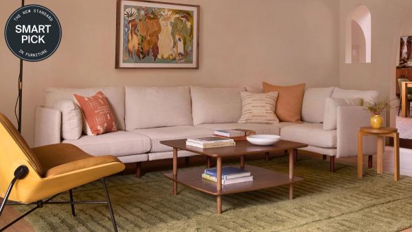 Smart Pick: Field 5 seat sectional in a living room styled with rust color pillows