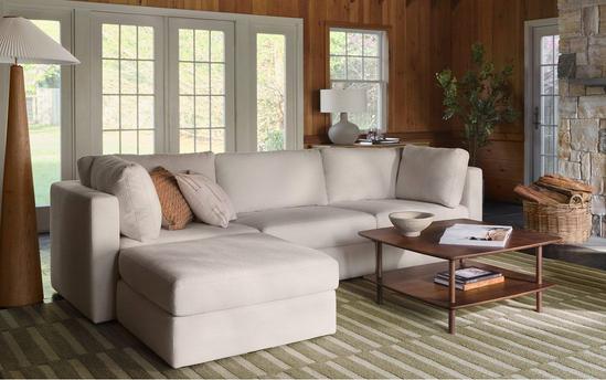 living room with Union sofa with ottoman in crushed gravel