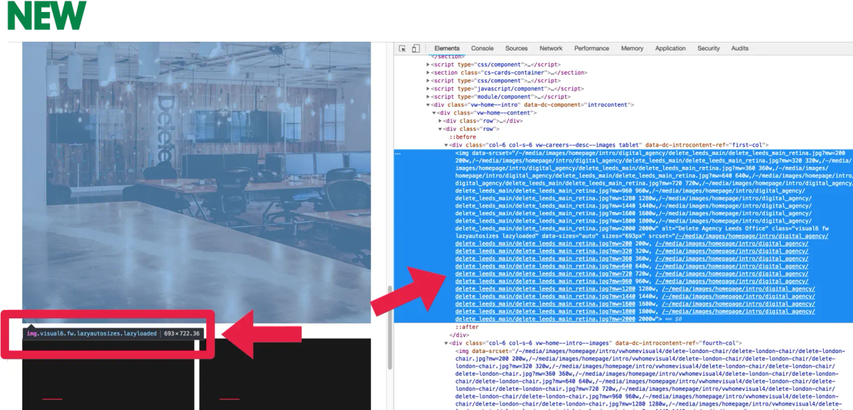 Example HTML markup using srcset attributes to serve appropriately sized images based on screen resolution.