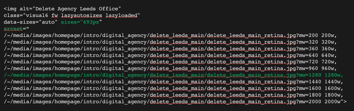 HTML markup after automatic adaptive image optimisation, generating the correct srcset for each device.