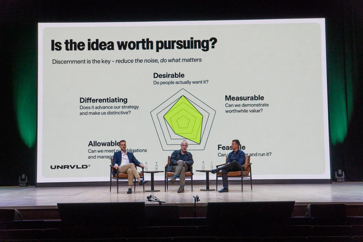 UNRVLD and a global financial services client on stage at Opticon London 2026, in front of a slide titled “Is the idea worth pursuing?” showing a five-point framework: Desirable, Measurable, Feasible, Allowable and Differentiating.