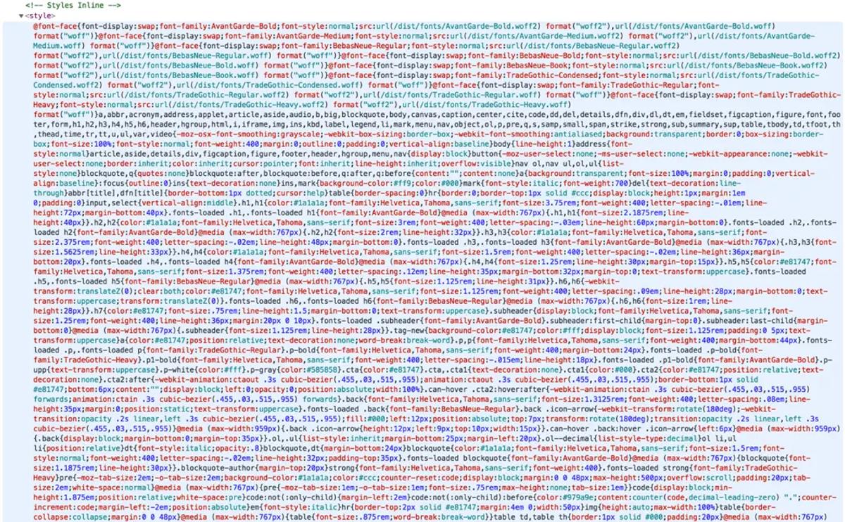 Filmstrip of page load frames with critical CSS and JS inlined, showing content rendering almost instantly.