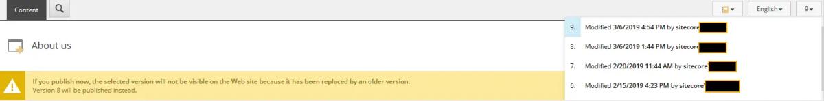 Sitecore Content Editor showing version history for an About Us page, with a warning that an older version is currently published.